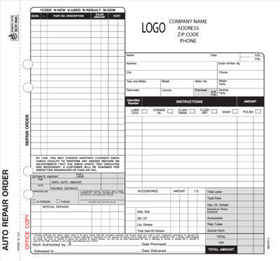 4 Part Auto Repair Invoice Forms Valid in California