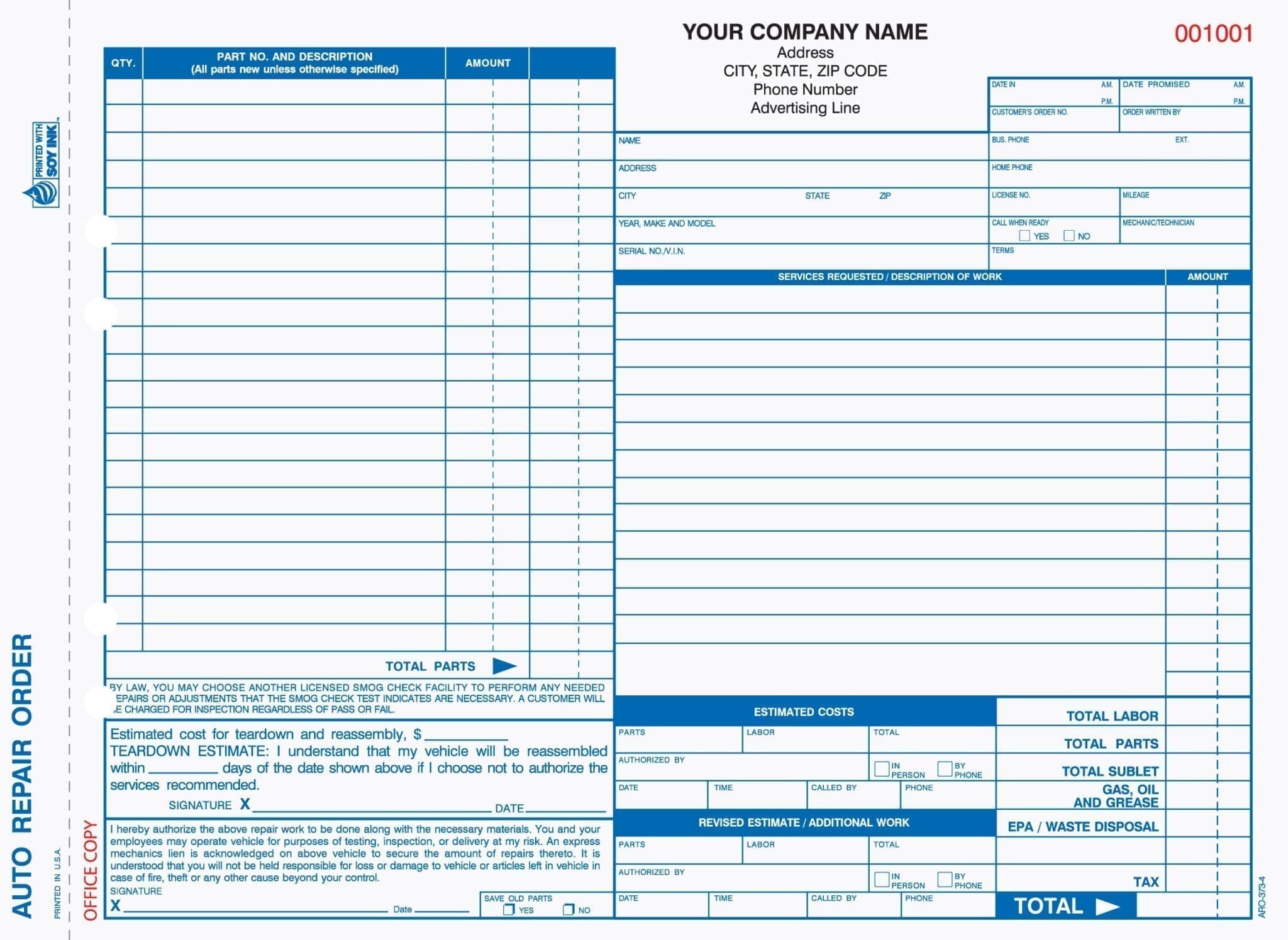 4 Part Auto Repair Order Forms With Carbon Valid in California