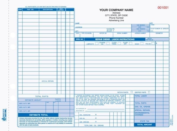 3 Part Auto Repair Invoice Forms Valid in California