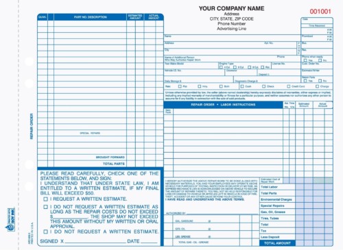 4 Part Auto Body Repair Order Invoices Carbonless