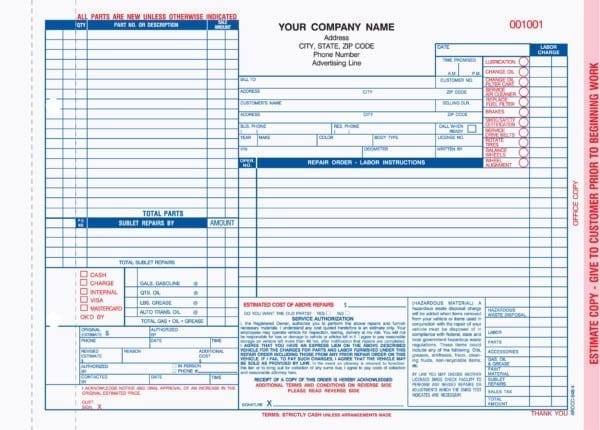 4 Part Auto Repair Invoices Carbonless