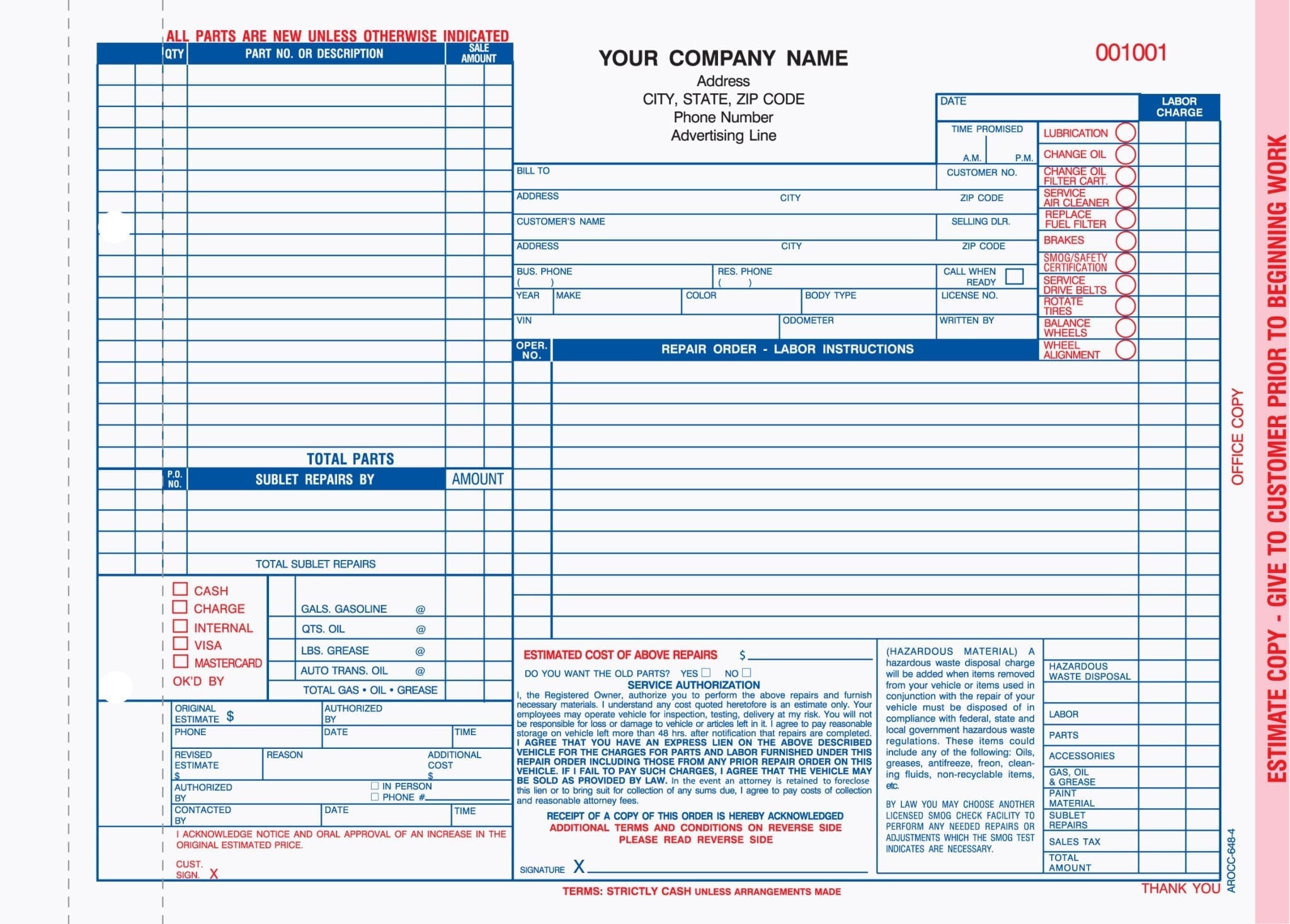 Clone Auto Mechanic Repair INVOICE ESTIMATE Work Order