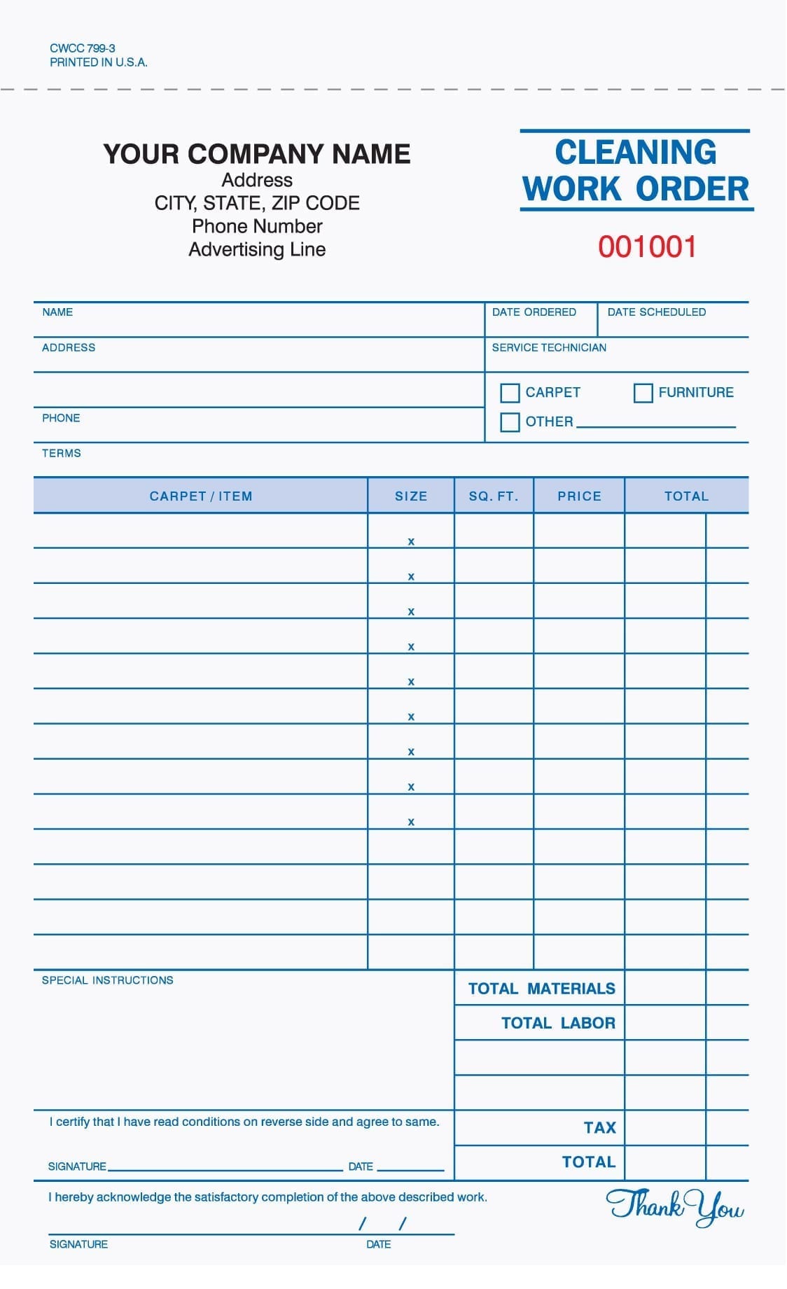 3 Part Cleaning Services Work Order