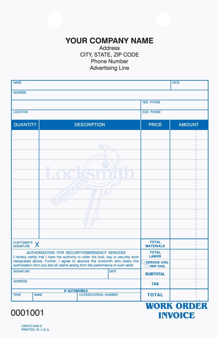 3 part Locksmith Workorder Invoices