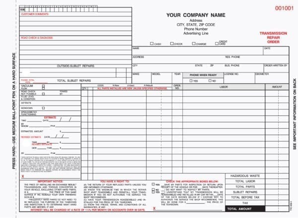 4 Part Transmission Repair Work Order Invoices