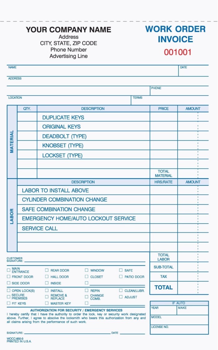 3 Part Work Order/ Invoice-WOCC-850-3