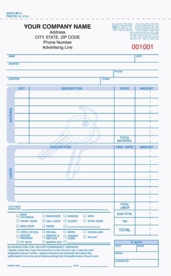 2 Part Locksmith Work Order Invoice