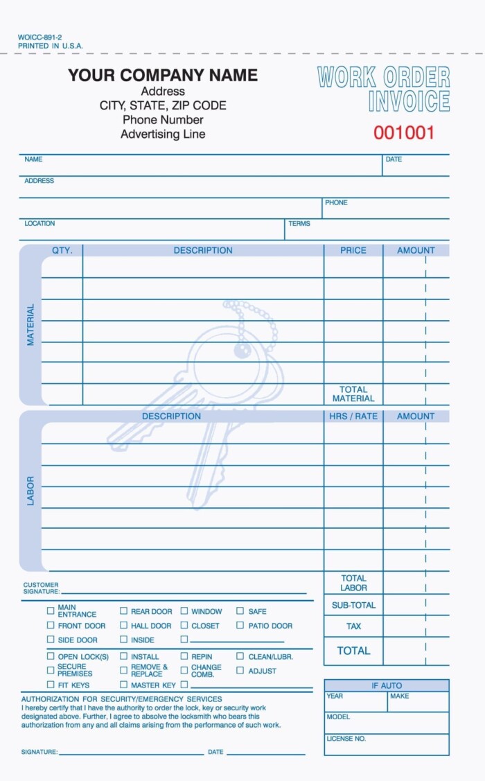 2 Part Locksmith Work Order/ Invoice -woicc-891-2