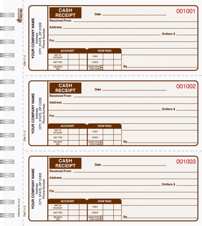 2 Part Cash Receipt Books 3 up to a page CRB-111-2