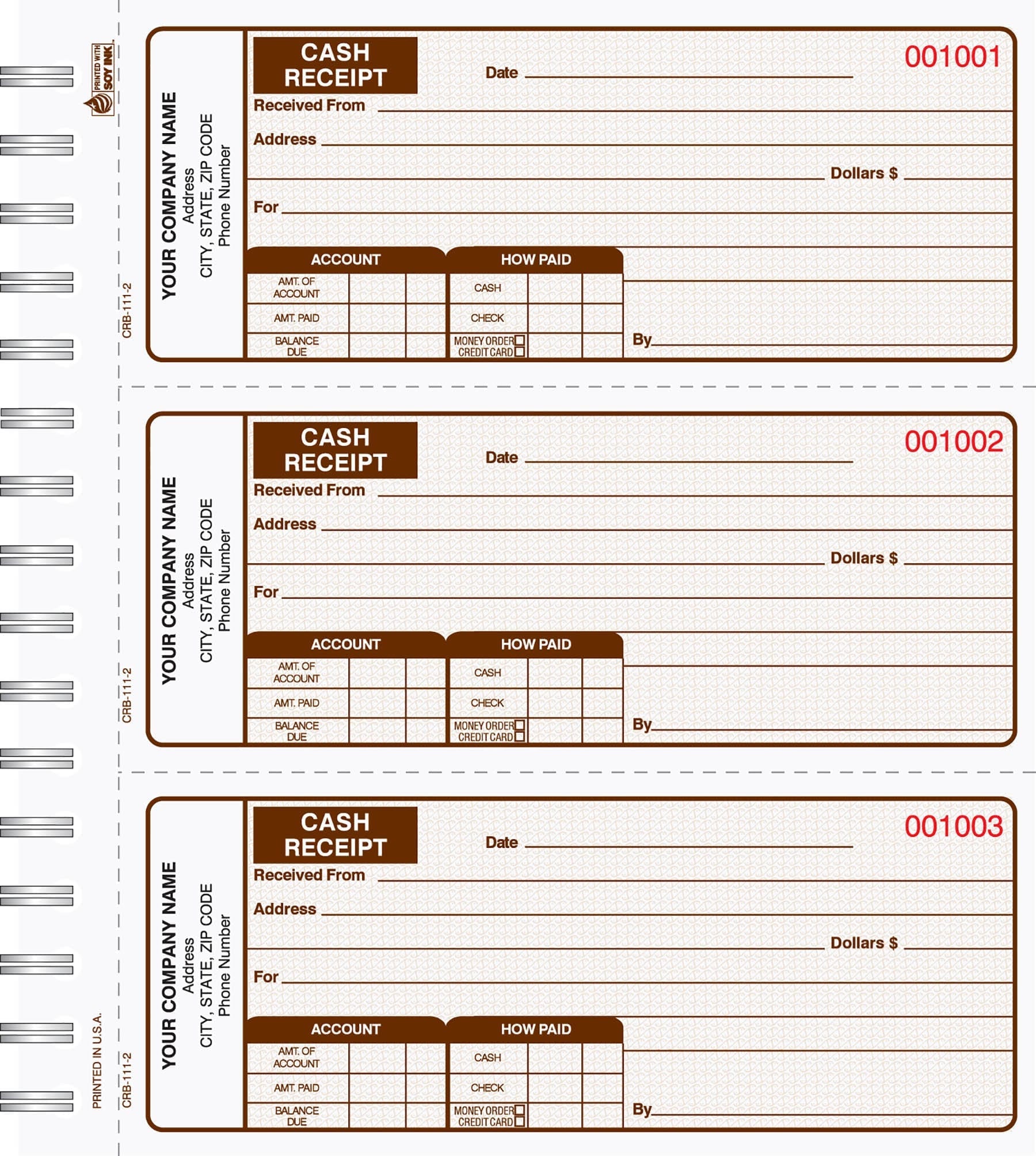 2 Part Brown Cash Receipt Books Carbonless