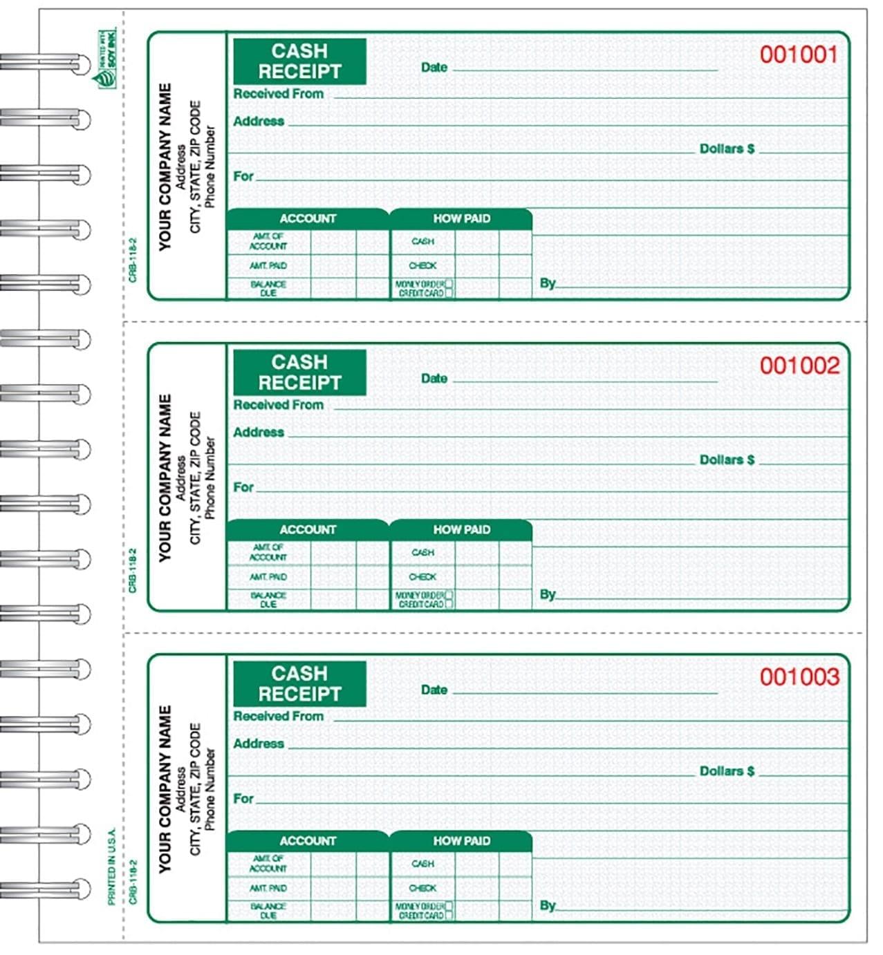 3 part Green Cash Receipt Books 3 up to a page