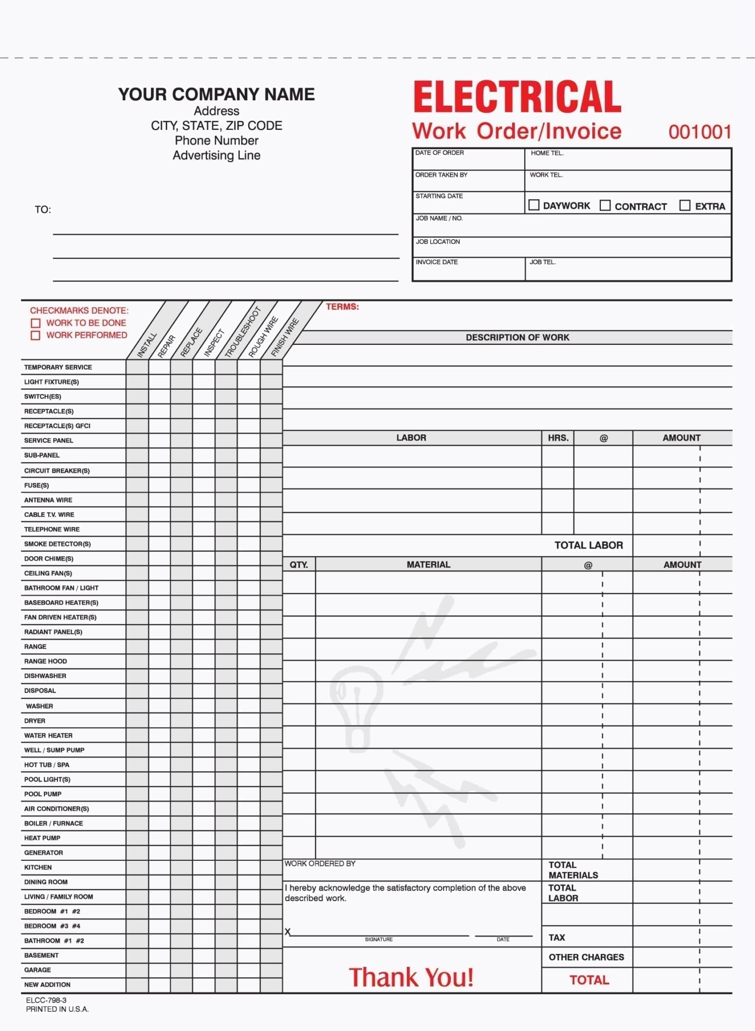 3 Part Electrician Work Order Forms