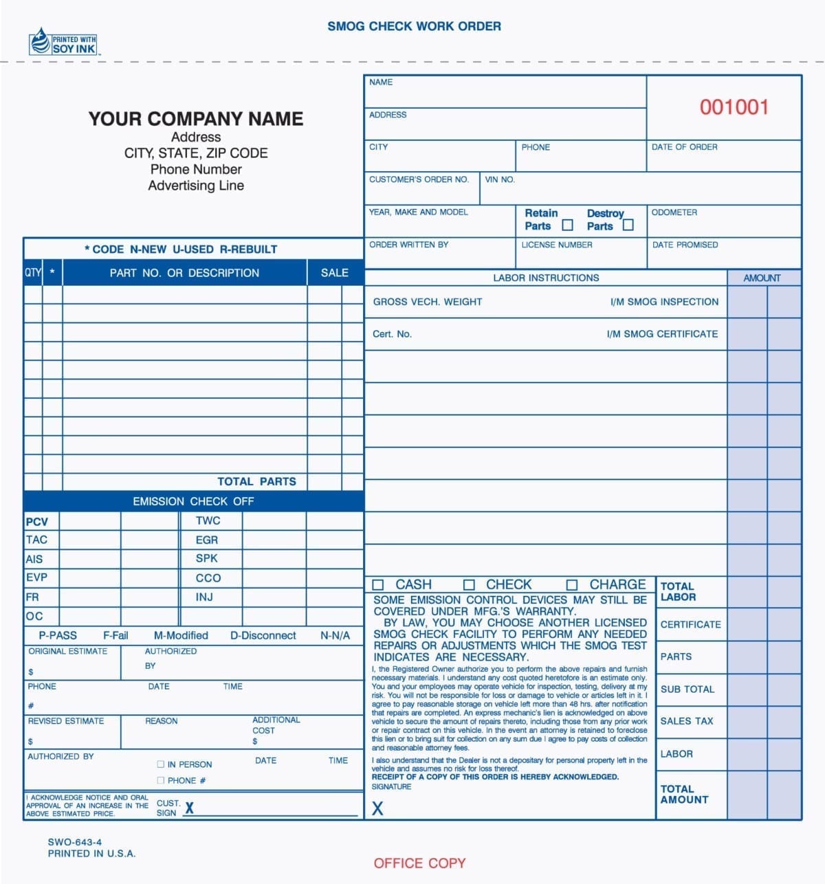 4 Part Smog Check Work Order With Carbon Valid in California