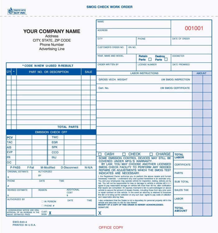 SWO-643 Smog Check Work Order