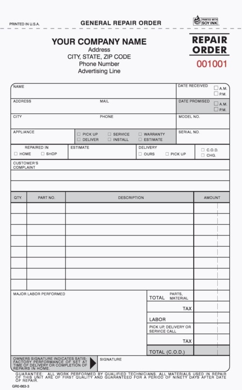 3 Part General Repair Order Forms