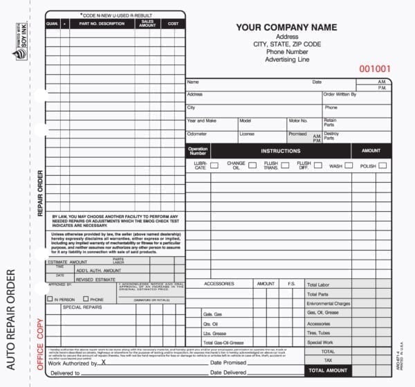 4 Part Auto Repair Service Invoices Valid in California