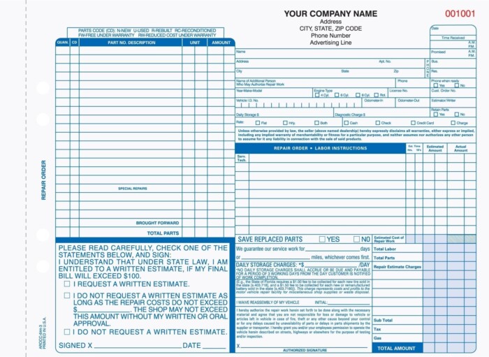 3 part auto repair orders