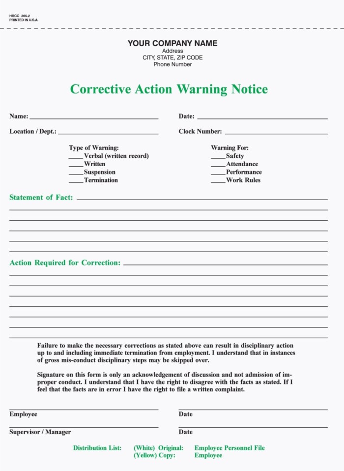 HRCC-365 Corrective Action Warning Notices