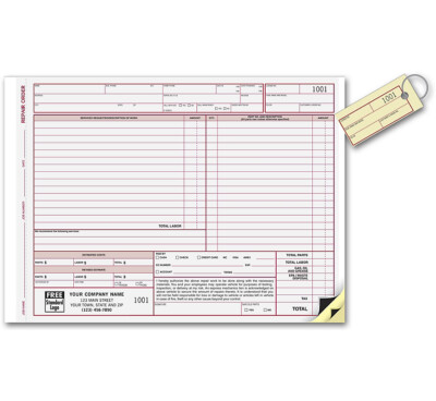 All the paperwork you need for any small engine repair. Quick to fill out form gives you room to summarize labor, list parts, quantities, costs and more. Signature line. Authorized signature line included. Upgrades. Additional customization options include imprinting your custom logo. Consecutive numbering available. These forms come with the option to have consecutive numbering printed on them. Handy! Detachable key-tag on 3rd part helps avoid mix-ups & lost keys!